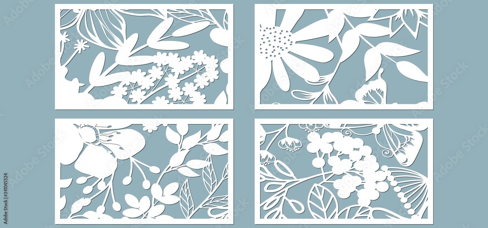 Set template for laser cutting and Plotter. Flowers, leaves for decoration. Vector illustration. Sticker set. Pattern for the laser cut, serigraphy, plotter and screen printing.