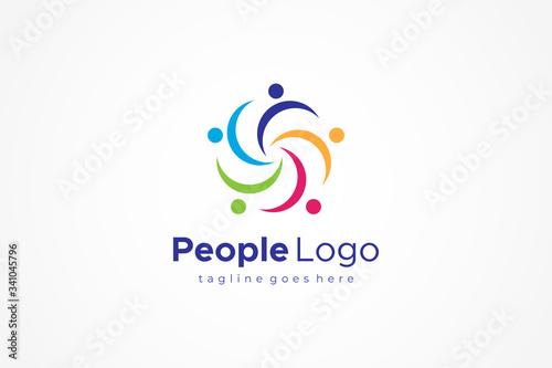 Abstract People Logo. Colorful Twisted Circular Waves Five Stars Style isolated on White Background. Flat Vector Logo Design Template Element.
