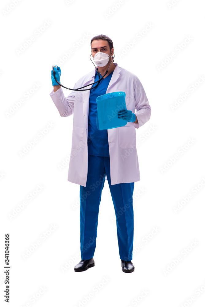 Young male medic in coronavirus concept isolated on white Young male medic in coronavirus concept isolated on white