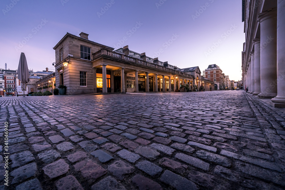 LONDON, UK - 30 MARCH 2020: Empty streets in Covent Garden, London City Centre during COVID-19, lockdown during coronavirus