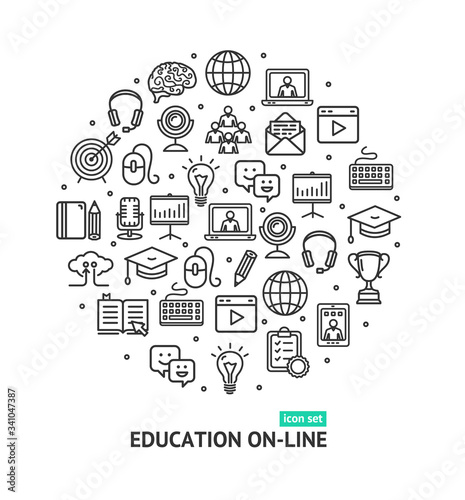 Education Online Round Design Template Thin Line Icon Concept. Vector