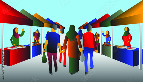 Vector illustration  of Muslim ramadhan bazaar  during fasting month in asia