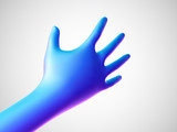 3D blue hand offering for handshake on white background. Concept of financial support, teamwork and business partnership. Vector illustration of shaking human hand.