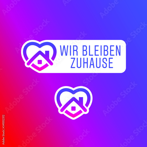 Deutsch Instagram Stay Home Sticker Logo for Social Media COVID-19 Pandemic Quarantine. Vector Isolated Illustration Design Graphic with Symbol Button on Pink and Purple Background. EPS 10