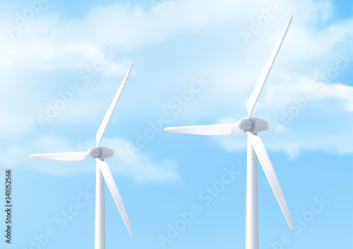Wind turbine on background of sky. Alternative renewable power generation, green energy concept. Vector realistic illustration of windmills with white vanes and blue sky with clouds