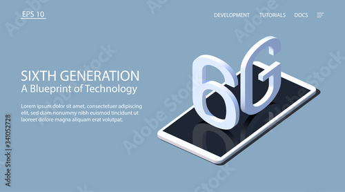 Sixth generation. A Blueprint of Technology. Isometric vector illustration. 3d model of a white smartphone with the letters 6G.
