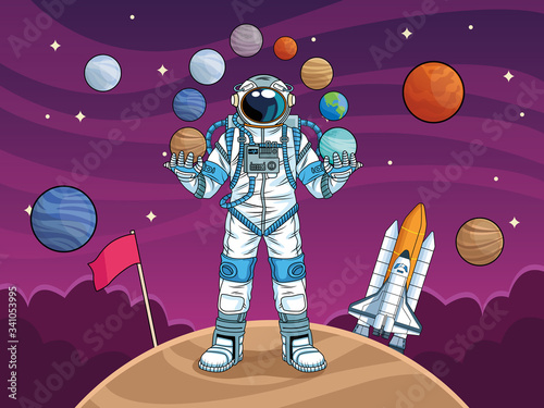 astronaut with rocket and planets in the space