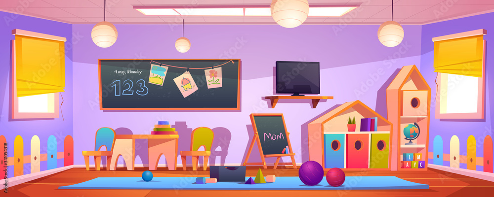Fototapeta Kids playroom interior, empty indoors nursery room playground with montessori wooden toys, furniture and equipment for games, wood house, blackboard and desk for children. Cartoon vector illustration