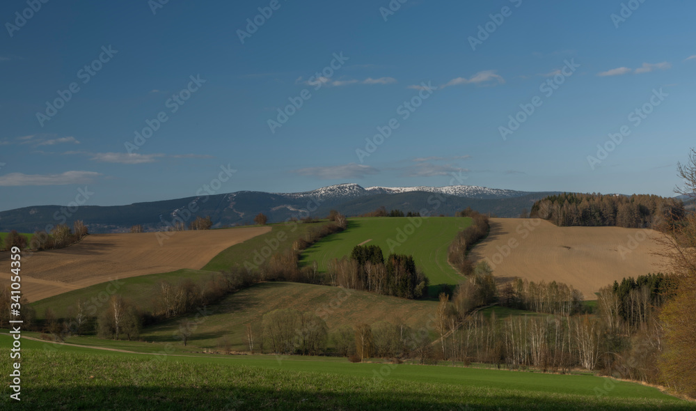 Krkonose mountains in spring sunny day with color meadows and fields