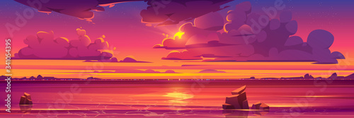 Sunset in ocean, pink clouds in sky with shining sun above sea with rocks sticking up of water and city lights on opposite shore, nature landscape background, evening view. Cartoon vector illustration © klyaksun