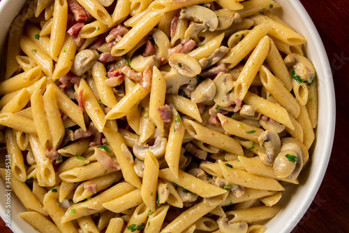 hot pasta with mushroom parmesan and bacon
