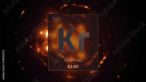 Krypton as Element 36 of the Periodic Table. Seamlessly looping 3D animation on orange illuminated atom design background orbiting electrons name, atomic weight element number in Arabic language photo