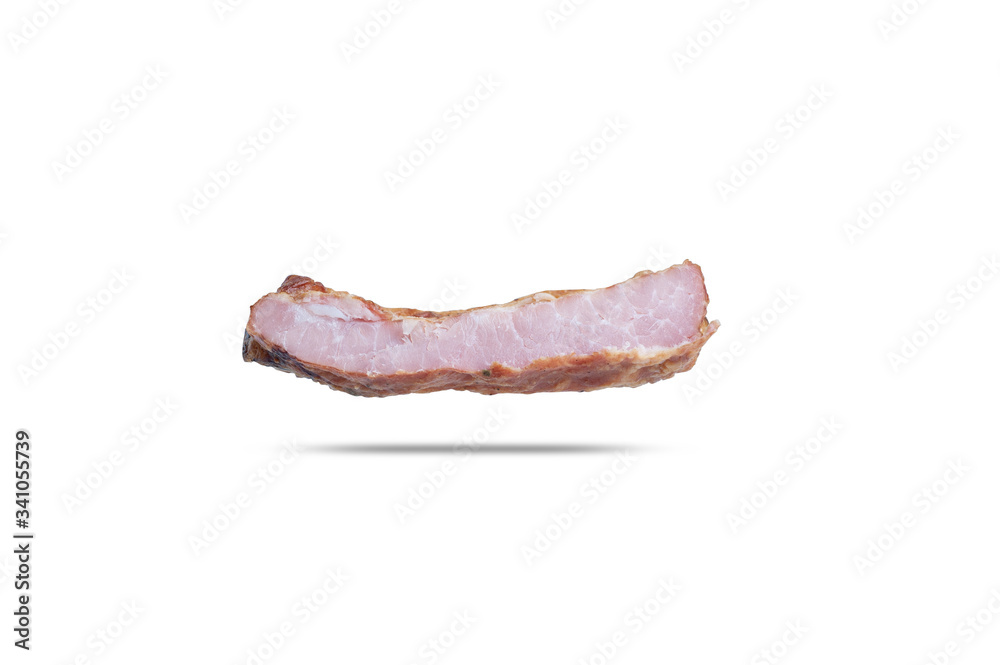  smoked pork ribs in the context of pink juicy meat is visible. isolated on white background