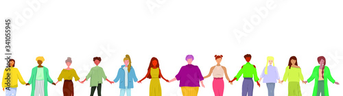 Women hanging hands together. Girl power concept. Group of women. Vector illustration.
