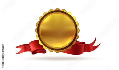 Gold medal. Victory award prize to first place with ribbons for hero or winner vector illustration