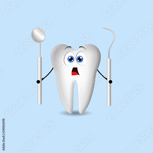 an illustration of funny tooth with dental tools on blue background