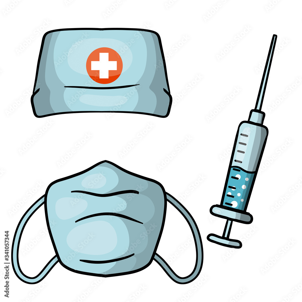 Medical mask and cap with cross. Doctor clothes. Set of white and ...