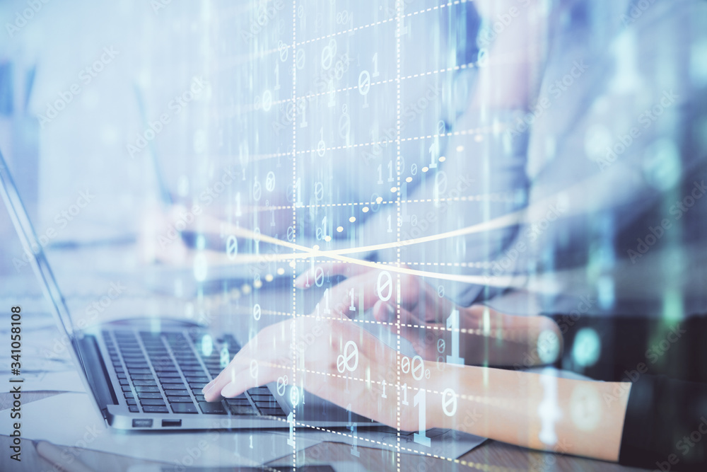 Double exposure of woman hands working on computer and data theme hologram drawing. Tech concept. Double exposure of woman hands working on computer and data theme hologram drawing. Tech concept.