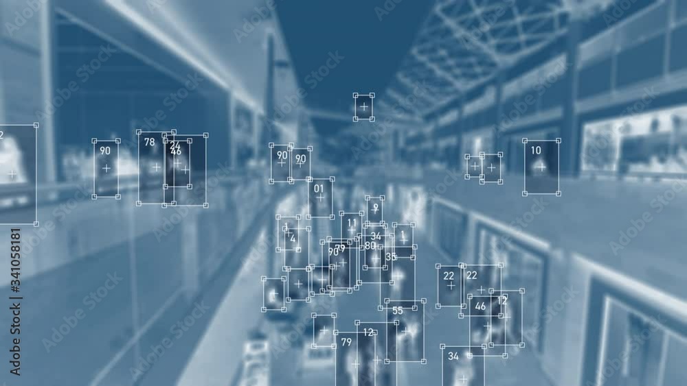 Crowded building with commuters walking. Artificial intelligence and facial recognition are used for surveillance purposes. Individual data tracking with thermal camera. Deep learning. Futuristic.