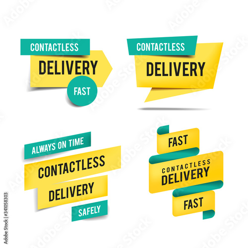 Contactless delivery concept. Safe and fast delivery. Special offer banner website various stickers. Stop coronavirus. Stay at home. Simple online shopping.