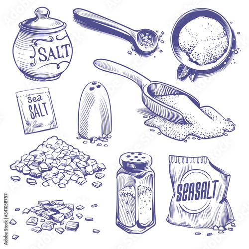 Hand drawn sea salt. Salting crystals, himalayan salt sketch. Sodium spices powder ingredient, seasoning packaging vintage vector set