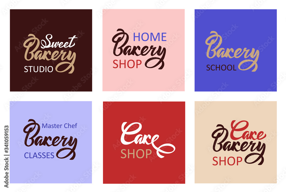 Colored Sweet Cake Bakery shop lettering typography set. Ideal for logotype design, icon, card, postcard, logo banner. Vector handwritten illustration.
