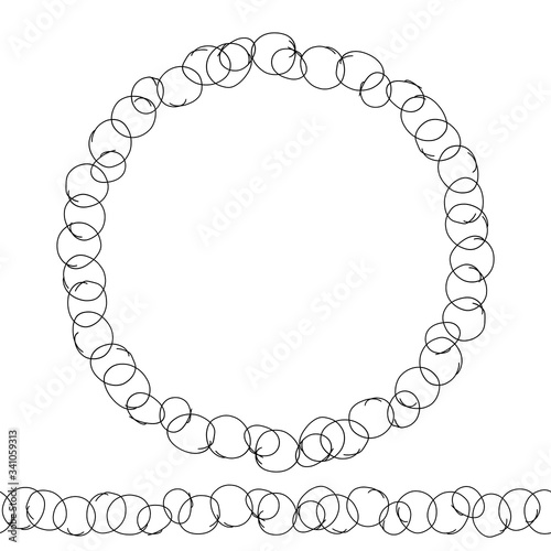 Endless Brush of Funny Cute Circle Bubbles. Circle Wreath Ink illustration. Geometric Pattern for Invitation Template. Hand Drawn Doodle Style Craft Backdrop. Colorful Illustration.