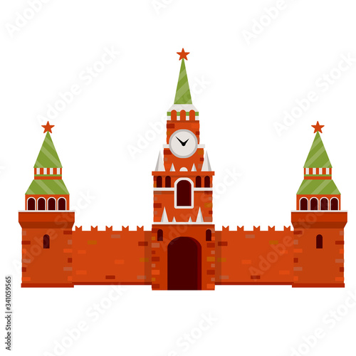 Residence of the Russian President on red square. Moscow's kremlin. Tourist destination for tour to capital. Fortress with a tower and wall. A tourist attraction. Cartoon flat illustration