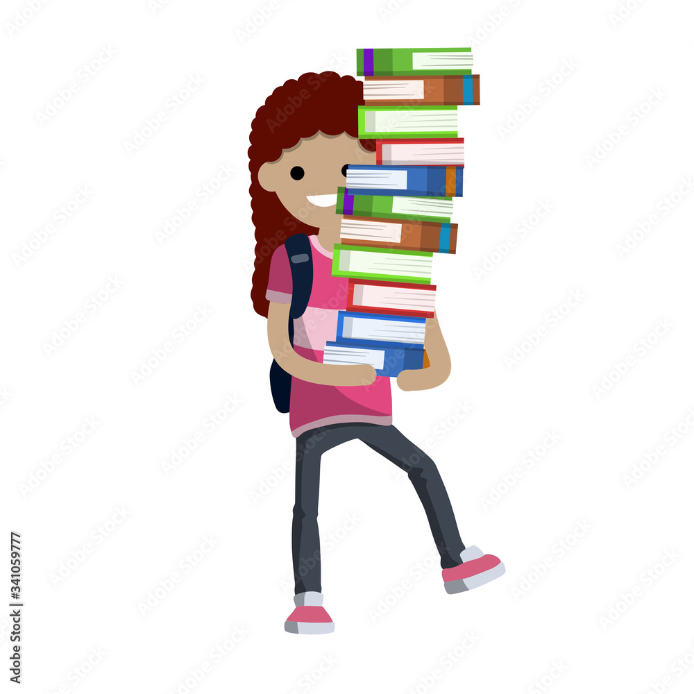 Funny girl student carries heavy stack of books. Problems of teaching children. comic situation. textbooks and notebooks of women - Cartoon flat illustration Funny girl student carries heavy stack of books. Problems of teaching children. comic situation. textbooks and notebooks of women - Cartoon flat illustration