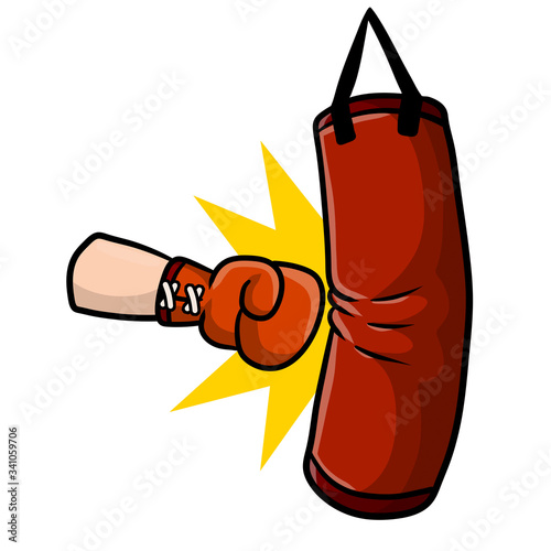 Red Boxing glove. Punch the punching bag. Sports inventory and equipment. Fight and hit. Training and championship. Cartoon drawn illustration