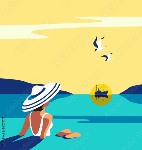 Girl sitting in water enjoys seaside sunset vector © lana_samcorp