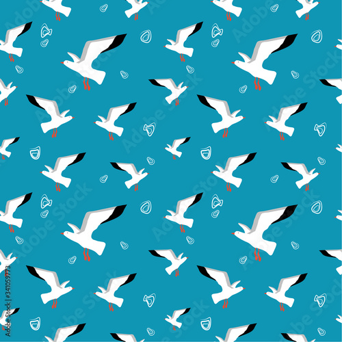  Seamless pattern  seagulls and doodles on a blue background. flat vector. illustration
