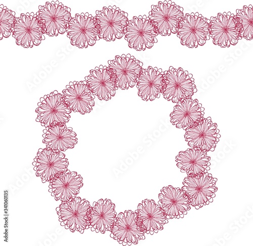 Endless Brush of Funny Cute Geometrical Flowers. Circle Wreath Ink illustration. Pattern for Invitation Template. Hand Drawn Doodle Style Craft Backdrop. Colorful Illustration.