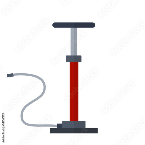 Air pump. Mechanical device for pumping. Pressure increase. Cartoon flat illustration. Red cylinder with handle and hose