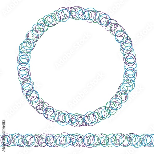Endless Brush of Funny Cute Circle Bubbles. Circle Wreath Ink illustration. Geometric Pattern for Invitation Template. Hand Drawn Doodle Style Craft Backdrop. Colorful Illustration.