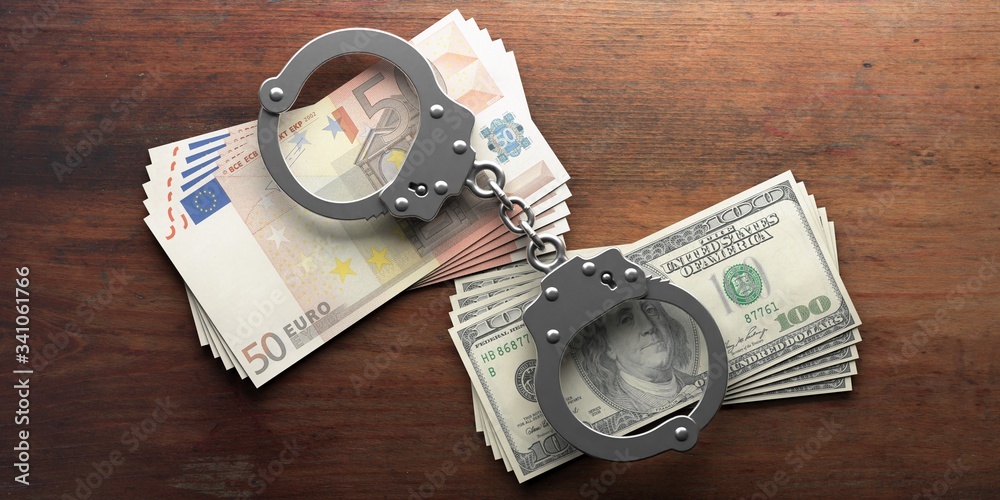 Handcuffs on US dollars and euro banknotes, wooden background, 3d illustration Handcuffs on US dollars and euro banknotes, wooden background, 3d illustration