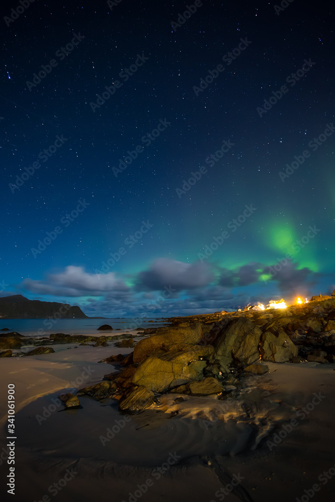 Polar Lights over the beach in norway, lofoten islands Aurora Borealis Polar Lights over the beach in norway, lofoten islands Aurora Borealis