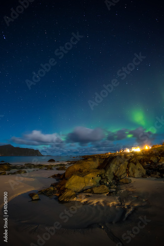 Polar Lights over the beach in norway, lofoten islands Aurora Borealis