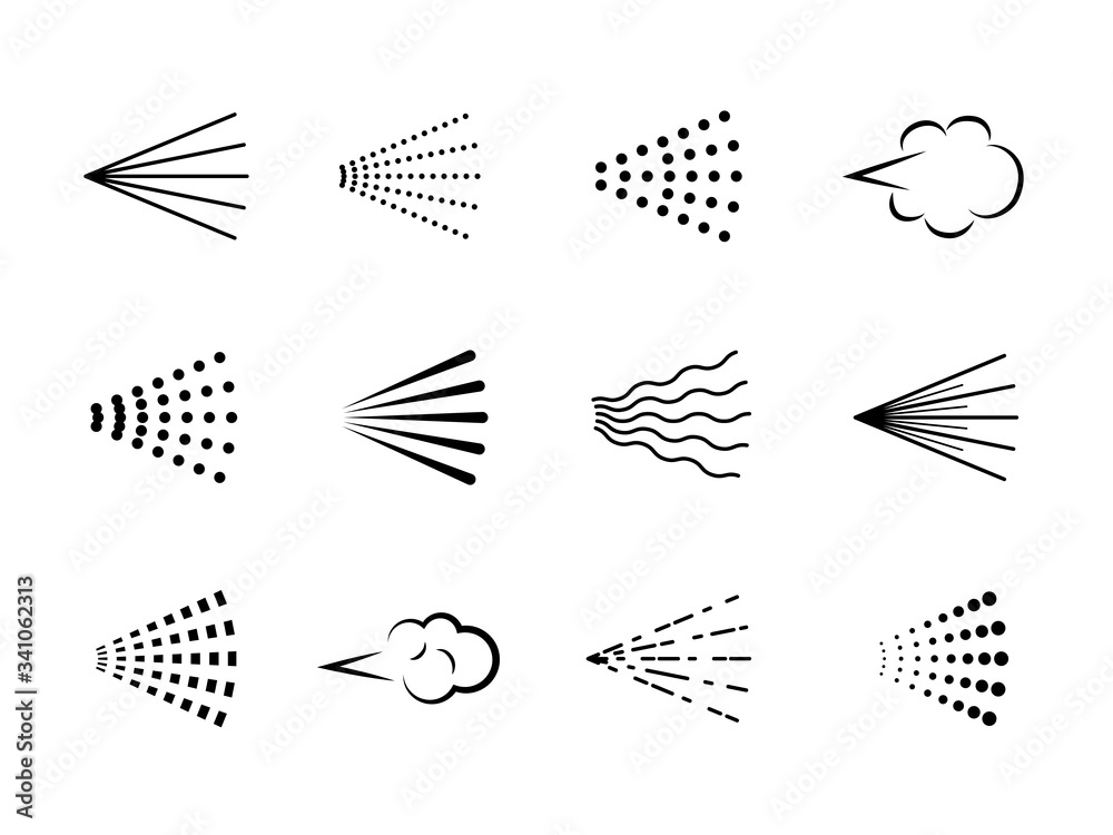 Fototapeta premium Spray icons. Scatter gas black silhouette, nozzle deodorant cloud. Clean water drop, hairspray aerosol haze, sprayer steam vector set