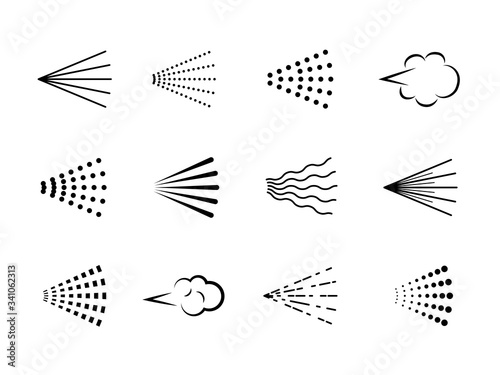 Spray icons. Scatter gas black silhouette, nozzle deodorant cloud. Clean water drop, hairspray aerosol haze, sprayer steam vector set