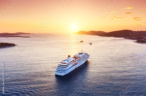 Croatia. Aerial view at the cruise ship during sunset. Adventure and travel.  Landscape with cruise liner on Adriatic sea. Luxury cruise. Travel - image