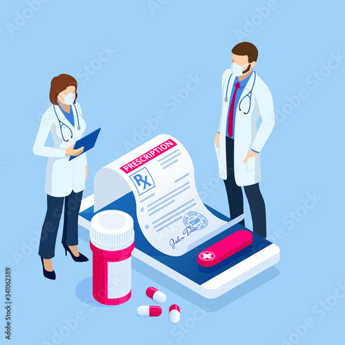 Isometric Online medical advise or consultation service, tele medicine, cardiology. Online treatment recipe. Medicine and pharmacy banners. Pharmacist care for the patient. Medicine industry.