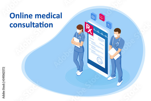 Isometric Online medical advise or consultation service, tele medicine, cardiology. Online treatment recipe. Medicine and pharmacy banners. Pharmacist care for the patient. Medicine industry.