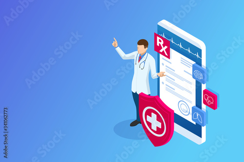 Isometric Online medical advise or consultation service, tele medicine, cardiology. Online treatment recipe. Medicine and pharmacy banners. Pharmacist care for the patient. Medicine industry.