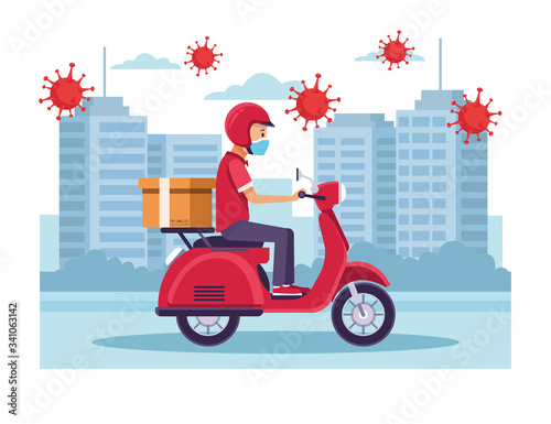 courier in motorcycle delivery service with covid19 particles