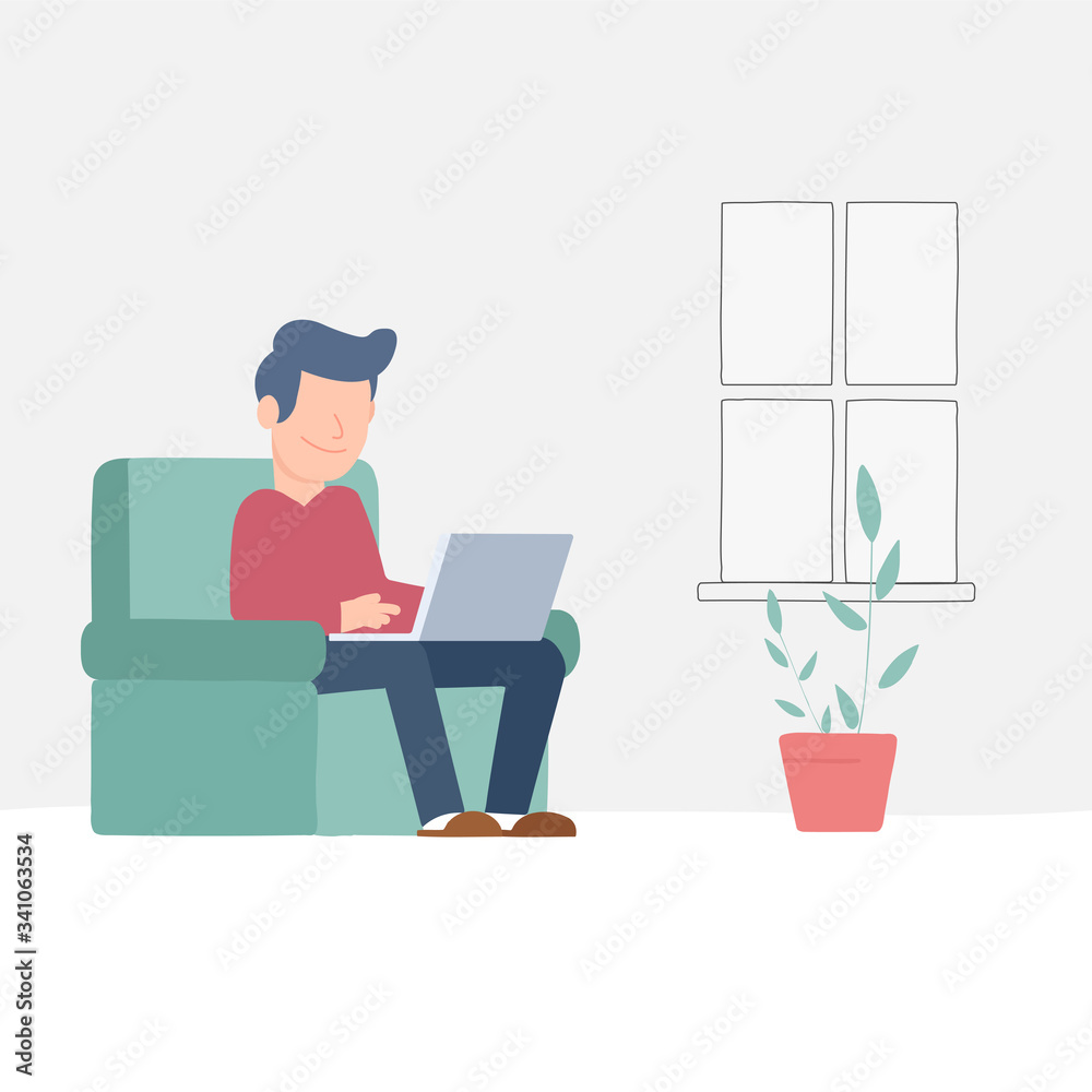 Working at home, young man freelancer working on laptop at home. Vector flat person illustration.