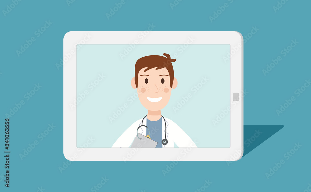 Tablet screen with doctor man online. Video conference remote with your doctor. Vector flat person illustration.