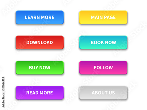 Ui buttons. Colored trendy flat button. Buy, now and learn, more. Download and read, more. Pointer navigation vector elements