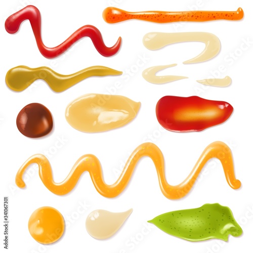 Sauce strips. Various sauces samples. Wasabi, ketchup and mayonnaise, mustard and guacamole. Tabasco, tomato chili, seasonings vector set