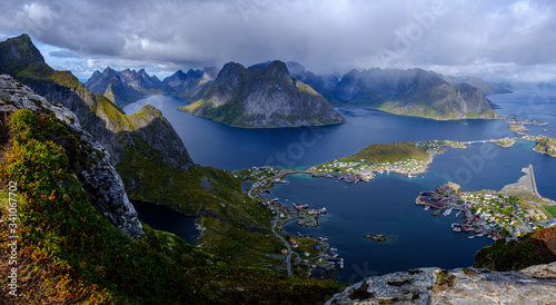 view of the village among the fjords in norway, lofoten islands
